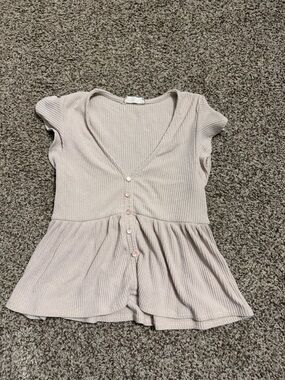 Altar'd State Light Beige Ribbed Peplum Button-Front Top
